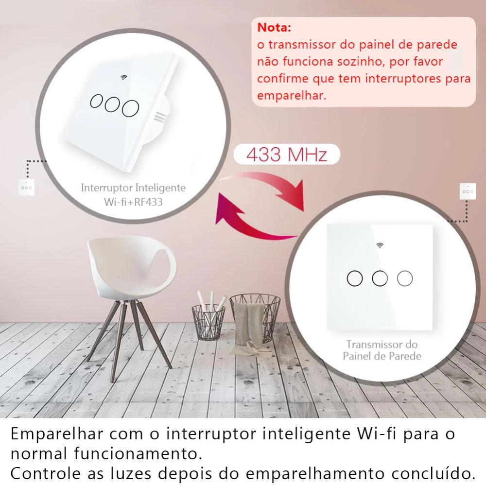 Interruptor sem fios 3 canais RF433 Preto