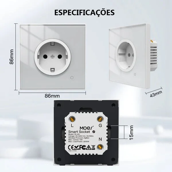 Tomada de Parede Zigbee em Vidro com Leitor de Consumo de Energia