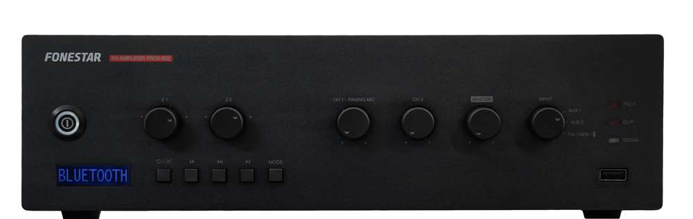 Amplificador Multizona 60 W Rms. 2 Zonas de Colunas. Reprodutor Usb/Fm e Bluetooth®