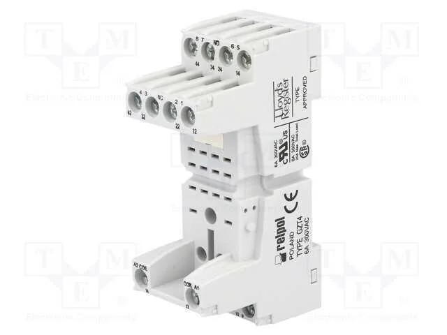 Base, PIN: 14, 6A, 250VAC, T-R4, para trilho DIN,.