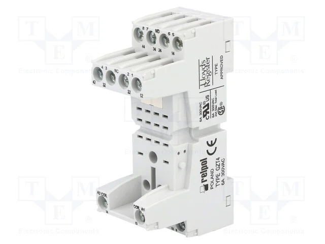 Base, PIN: 14, 6A, 250VAC, T-R4, para trilho DIN,.