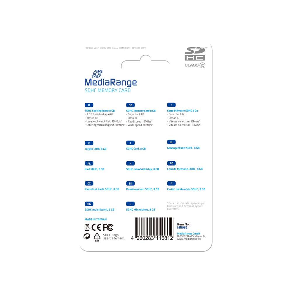 Mediarange Mr962 Cartão de Memória 8 Gb Sdhc Clas.
