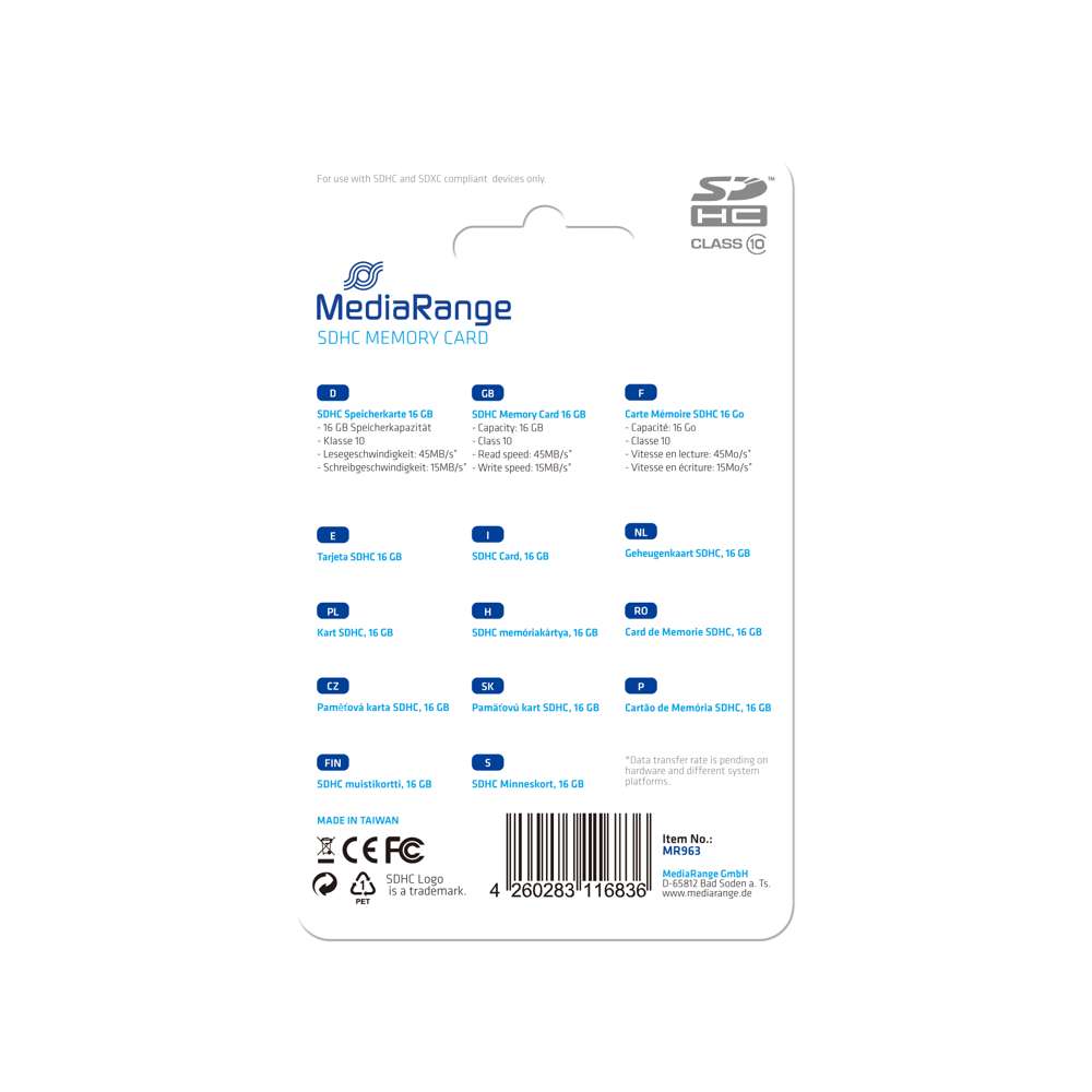 Mediarange Mr963 Cartão de Memória 16 Gb Sdhc Cla.