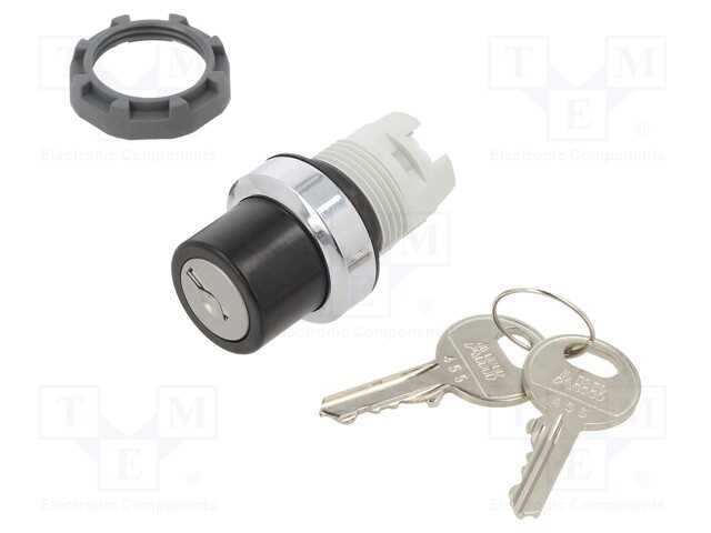 Interruptor: giratório com chave, 22mm, preto/zil.