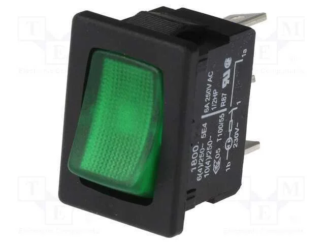 ROCKER, SPST, Pos: 2, ON-OFF, 10A/250VAC, verde, .