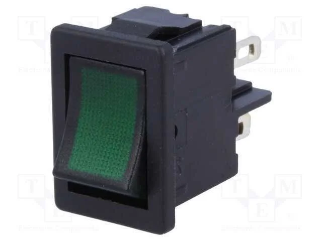 ROCKER, DPST, Pos: 2, ON-OFF, 4A/250VAC, verde, I.