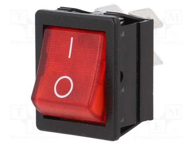 ROCKER, DPST, Pos: 2, ON-OFF, 16A/250VAC, vermelh.
