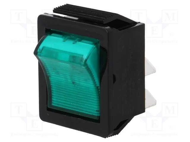 ROCKER, DPST, Pos: 2, ON-OFF, 16A/250VAC, verde, .