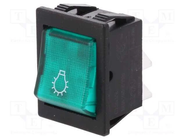 ROCKER, DPST, Pos: 2, ON-OFF, 16A/250VAC, verde, .