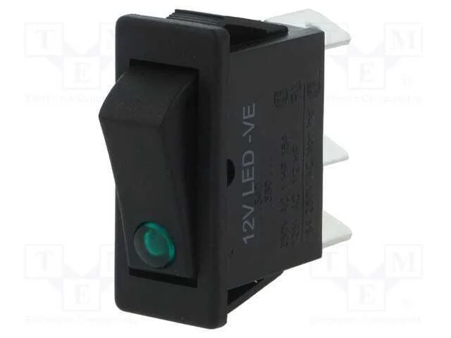 ROCKER, SPST, Pos: 2, ON-OFF, 12A/250VAC, preto, .