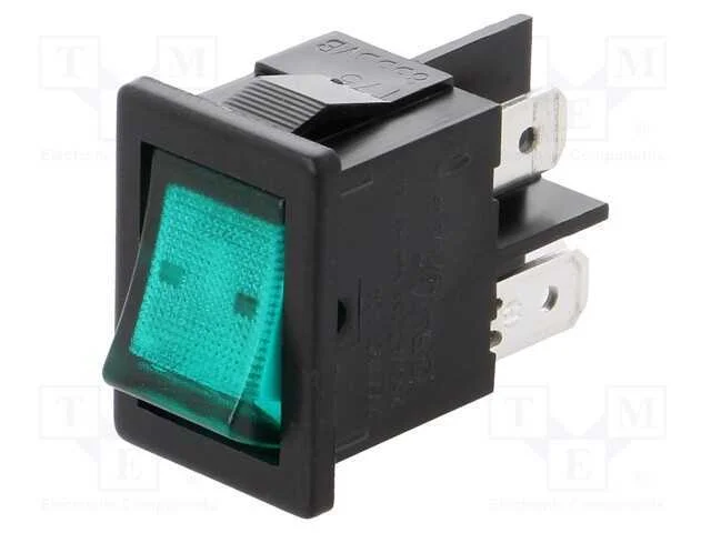 ROCKER, DPST, Pos: 2, ON-OFF, 10A/250VAC, verde, .