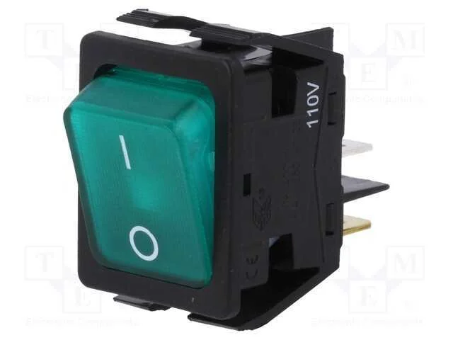 ROCKER, DPST, Pos: 2, ON-OFF, 16A/250VAC, verde, .
