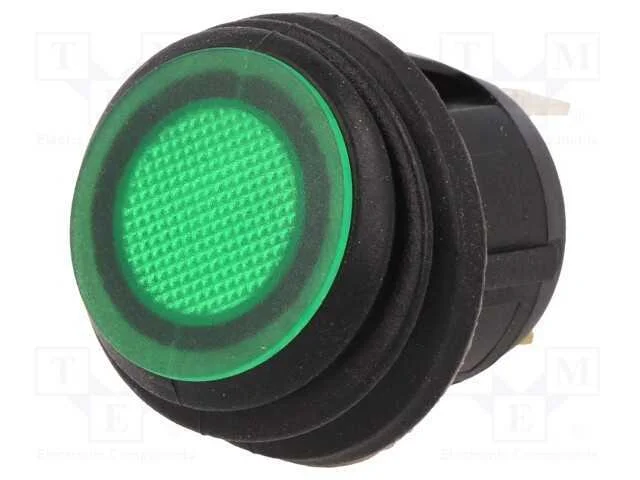 ROCKER, SPST, Pos: 2, ON-OFF, 20A/14VDC, verde, I.