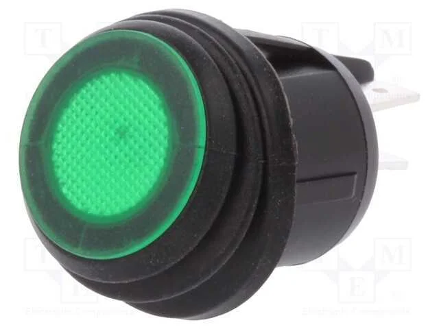 ROCKER, DPST, Pos: 2, ON-OFF, 20A/12VDC, verde, I.