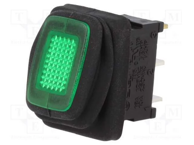 ROCKER, SPST, Pos: 2, ON-OFF, 10A/250VAC, verde, .