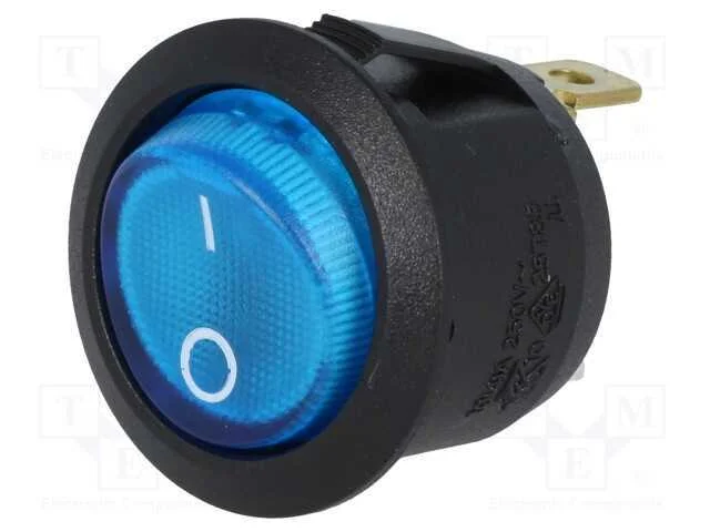 ROCKER, SPST, Pos: 2, ON-OFF, 10A/250VAC, azul, l.
