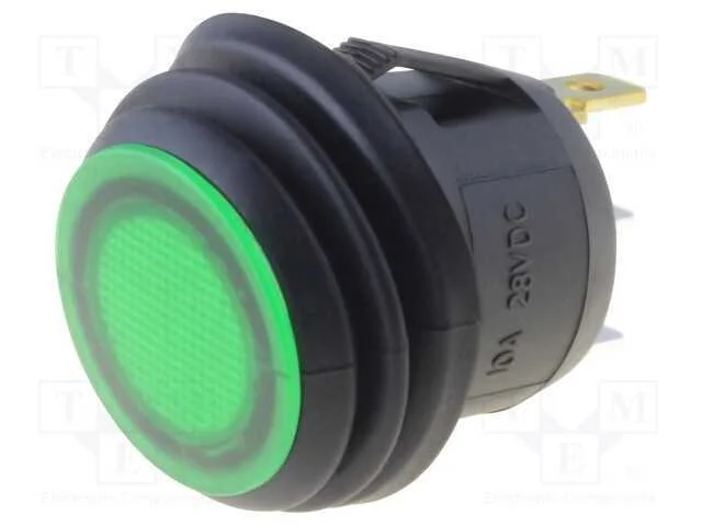 ROCKER, SPST, Pos: 2, OFF-(ON), 10A/28VDC, verde,.