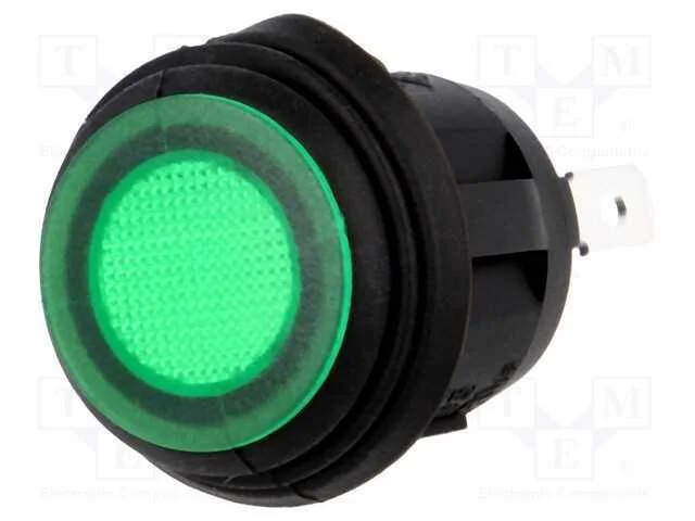 ROCKER, SPST, Pos: 2, ON-OFF, 10A/250VAC, verde, .