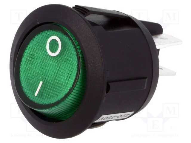 ROCKER, DPST, Pos: 2, ON-OFF, 10A/250VAC, verde, .