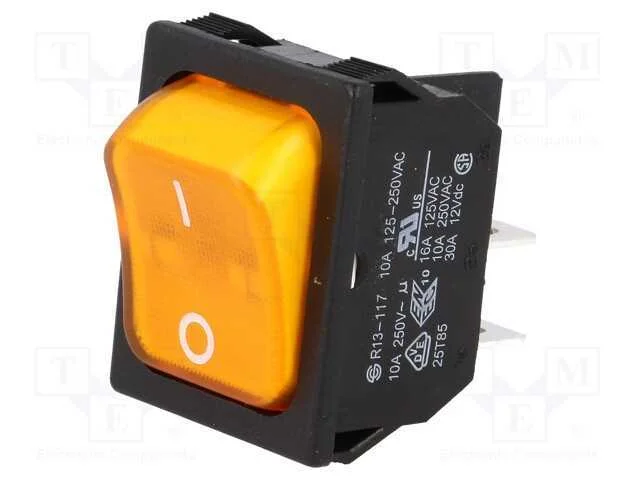 ROCKER, DPST, Pos: 2, ON-OFF, 10A/250VAC, amarelo.