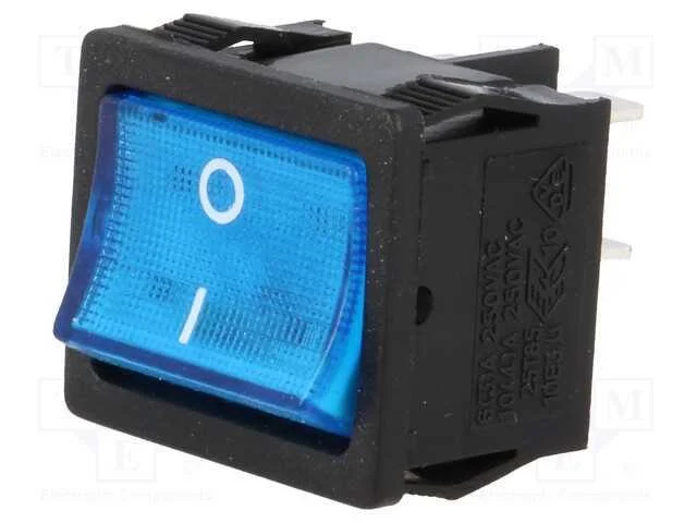ROCKER, DPST, Pos: 2, ON-OFF, 6A/250VAC, azul, lâ.