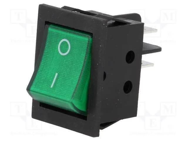 ROCKER, DPST, Pos: 2, ON-OFF, 15A/250VAC, verde, .