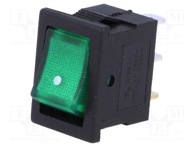 ROCKER, SPST, Pos: 2, ON-OFF, 3A/250VAC, verde, l.