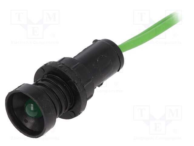 Luz indicadora: LED, côncavo, verde, 230VAC, 10mm.