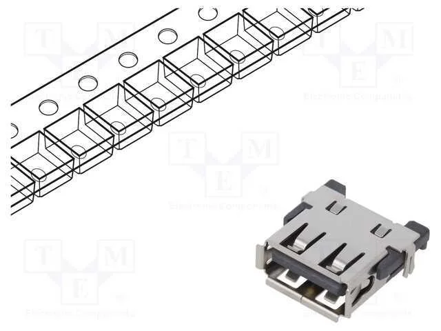 Tomada, Usb A, Smt, Pin: 4, Horizontais, Middle Board Mount, 1,5a