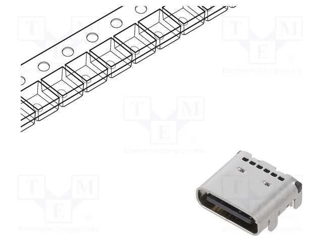 Tomada, Usb C, para Pcb, Smt, Pin: 24, Angulares 90, Usb 3.1