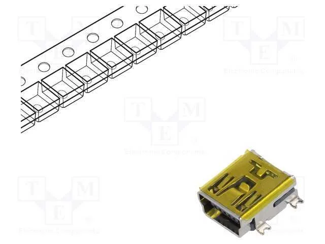 Tomada, Usb B Mini, Smt, Pin: 5, Horizontais, Fita, 750unid.
