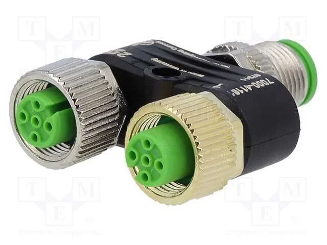 T- conector, macho M12,fêmea M12 x2, PIN: 4, IP67.