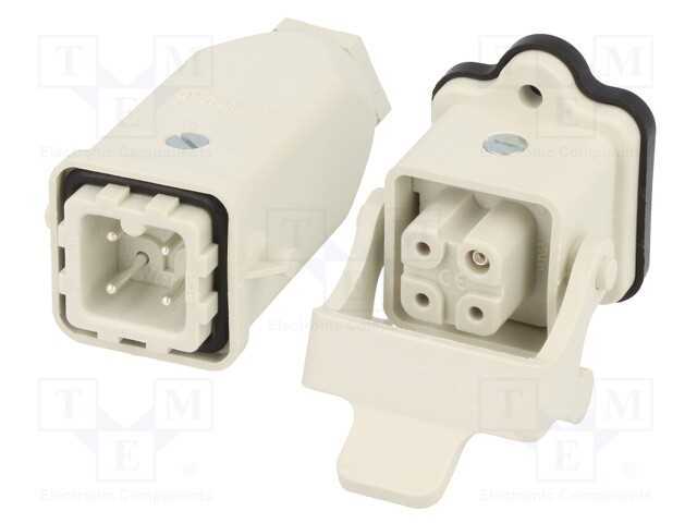 Conector: HDC, macho + fêmea, S-A, PIN: 4, 3+PE, .