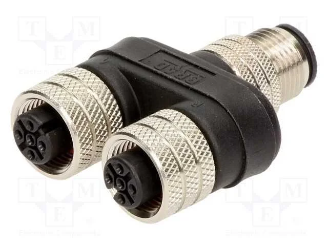 T- conector, macho M12,fêmea M12 x2, PIN: 5, IP67.