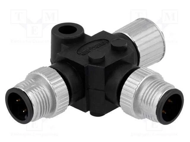 T- Conector, Tomada Fêmea M12,M12 Macho X2, Pin: 4, Ip68, T