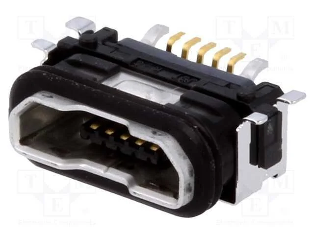 Tomada, Usb B Micro, Smt, Pin: 5, com Juntas, Usb 2.0, Ipx7, Dourado