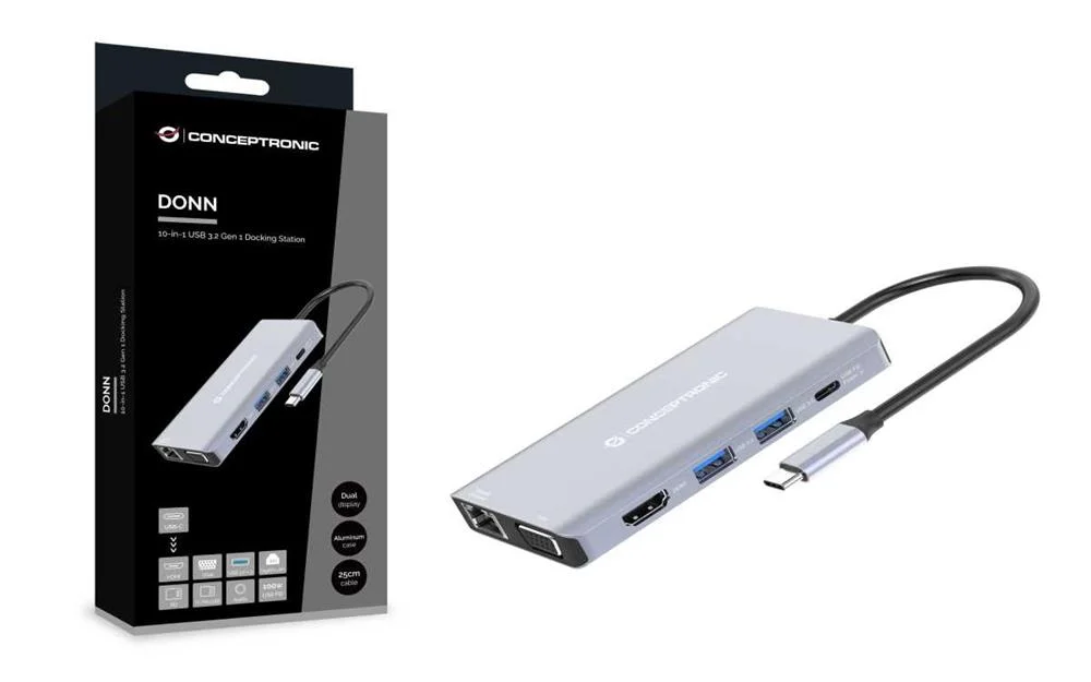 Conceptronic Dock Usb-C->hdmi,Usb3.0,100wpd 10-In-1    0.25m