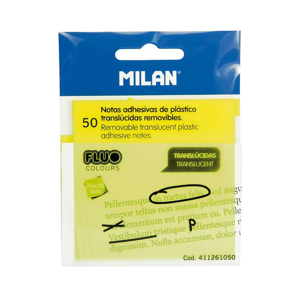 Bloco de 50 Notas Adesivas Translúcidas Amarelo Fluo 76x76mm Milan
