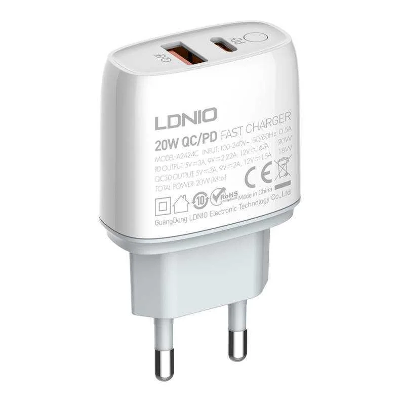 Carregador Ldnio A2424c Usb, Usb-C 20w + Cabo Lightning Branco