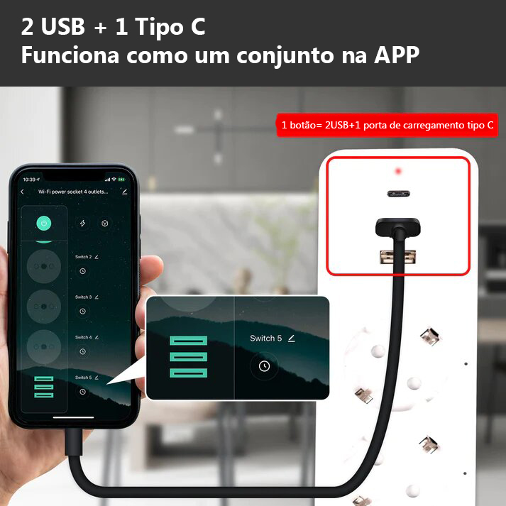 Bloco de Tomada Wi-Fi 4x16A 1.5m 2xUSB-A e USB-C
