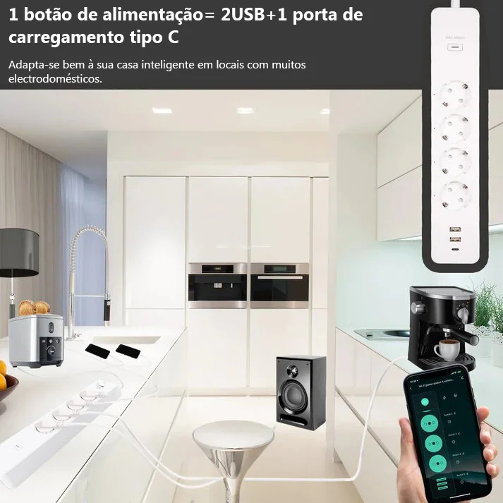 Bloco de Tomada Wi-Fi 4x16a 1.5m 2xusb-A e Usb-C