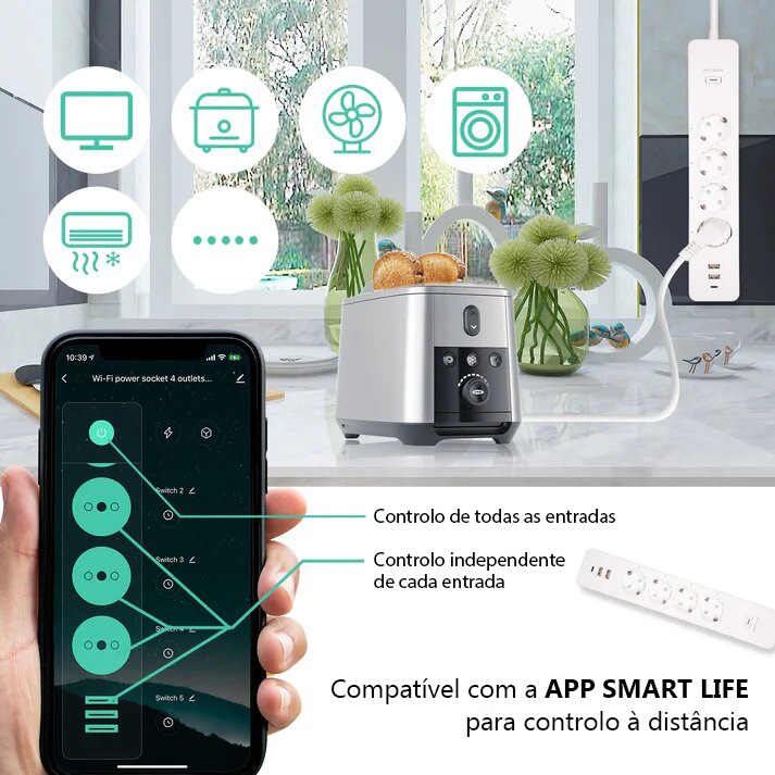 Bloco de Tomada Wi-Fi 4x16A 1.5m 2xUSB-A e USB-C