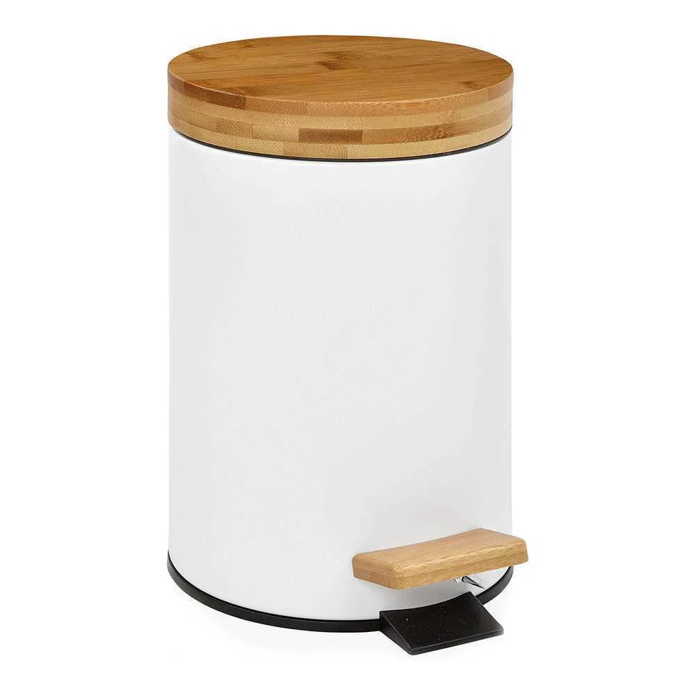 Caixote do Lixo Branco com Pedal e Tampa de Bambu 3 Ø17x26cm Andrea House
