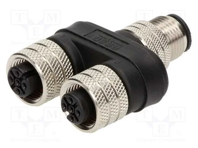 T- Conector, Macho M12,Fêmea M12 X2, Pin: 4, Ip68, Y, 4a, 30v
