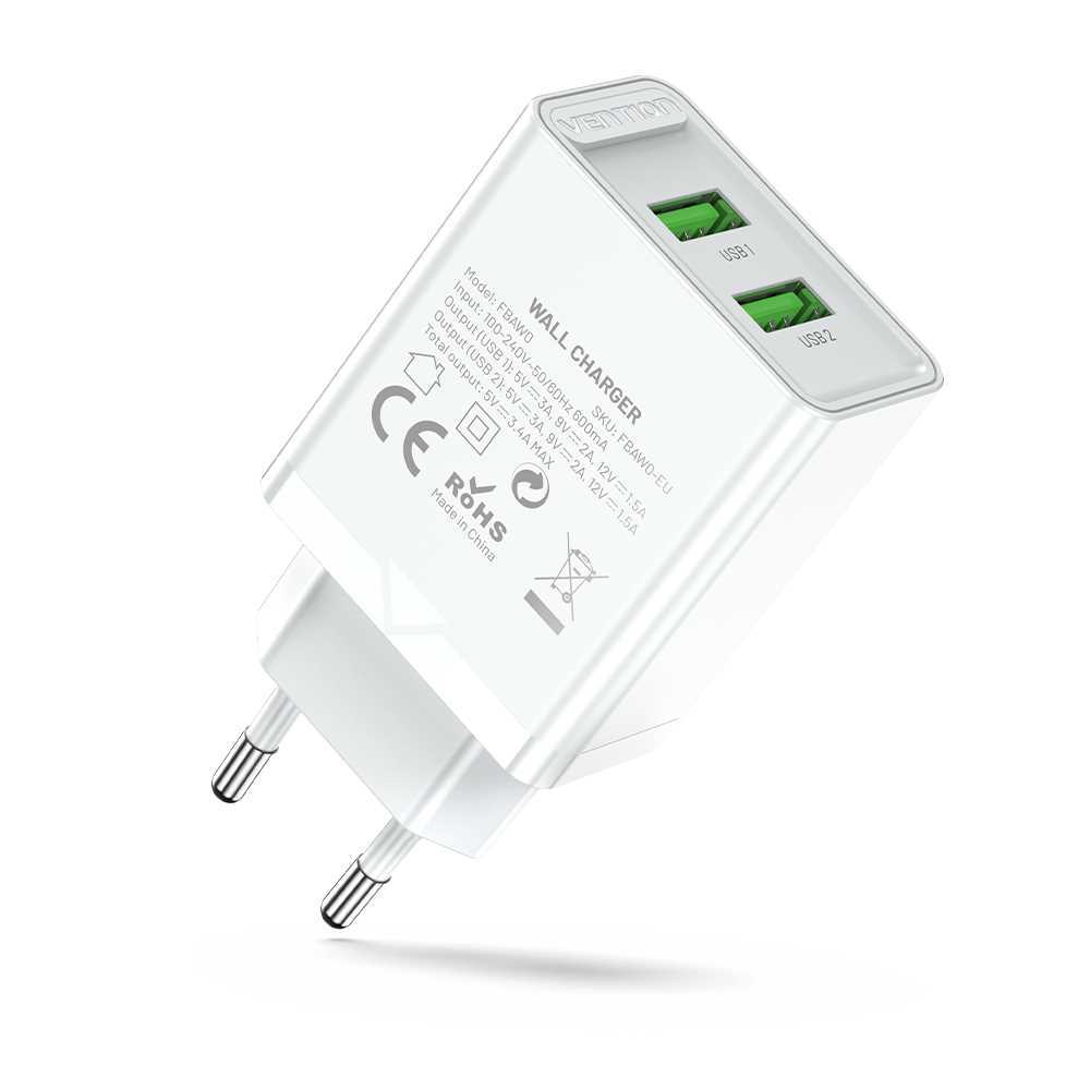 Cargador de Pared Vention Fbaw0-Eu/ 2xusb/ 18w/ Blanco