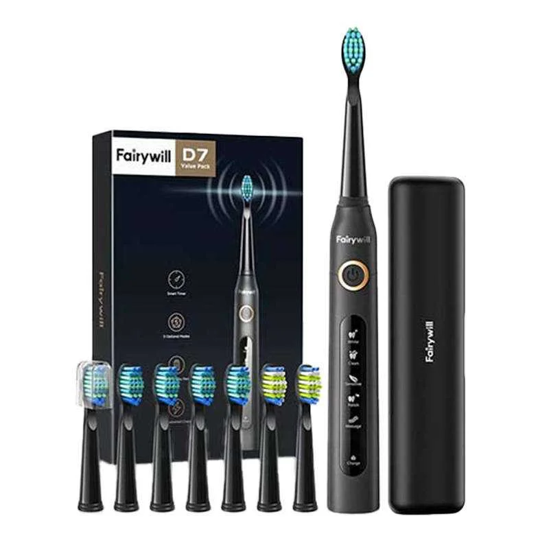 Sonický Zubní Kartácek Se Sadou Hlavic a Pouzdrem Fairywill Fw-507 Plus (Cerný)