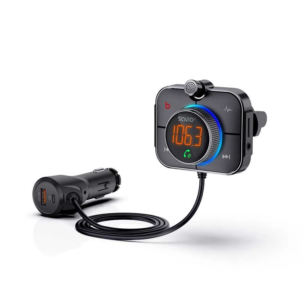 Transmissor Savio Fm Bluetooth 5.0 Qc/Pd 3.0 Carregador Enc Aux Out Micro Sd Tr-14 Preto