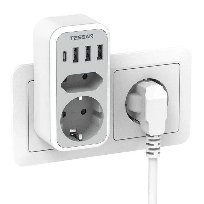 Tomada Dupla C/ 3x Portas Usb-A e Usb-C Branco - Tessan