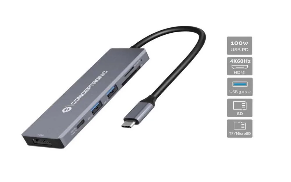 Conceptronic Dock Usb-C->hdmi,2xusb3.0,Sd,100w Pd   0.12m Gr