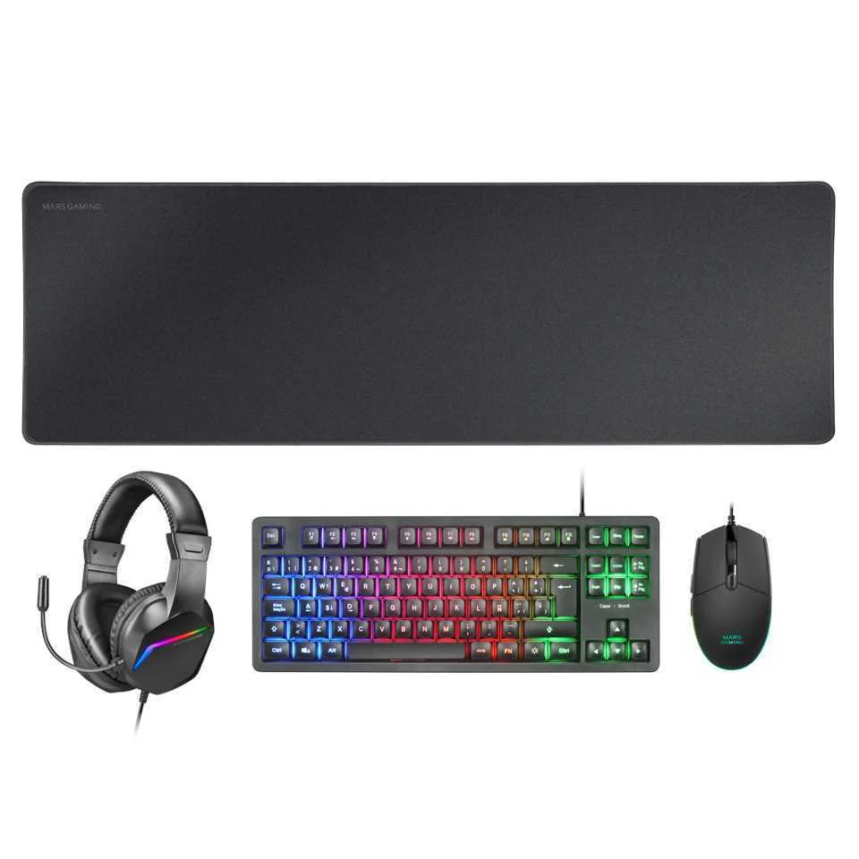 Combo Mars Gaming Mcp-Rgb3, 4in1 Tkl RGB Keyboard, 3200dpi Mouse, Frgb Headset, Xxl Mousepad Black